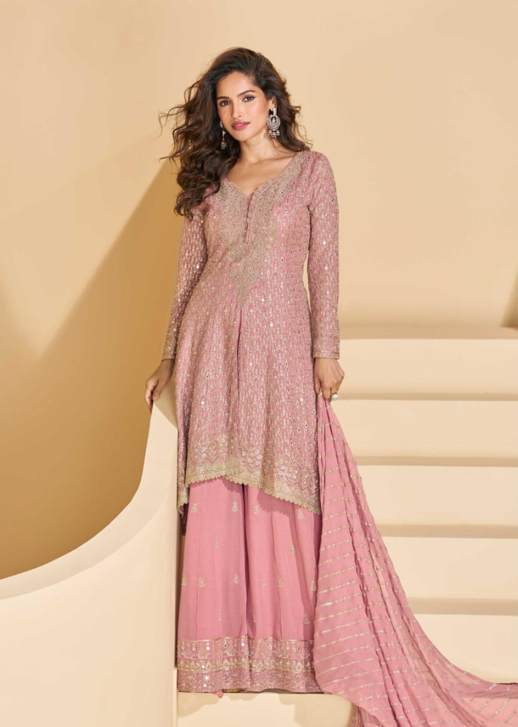 Pink Georgette Sharara Suit with Sequin Embroidery
