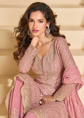 Pink Georgette Sharara Suit with Sequin Embroidery