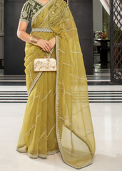 Olive Gold Organza Saree with Embroidered Belt Detail