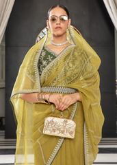 Olive Gold Organza Saree with Embroidered Belt Detail