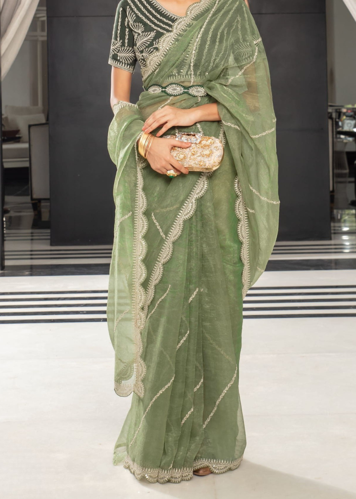 Sage Green Organza Saree with Delicate Lace Work