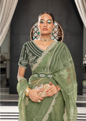 Sage Green Organza Saree with Delicate Lace Work