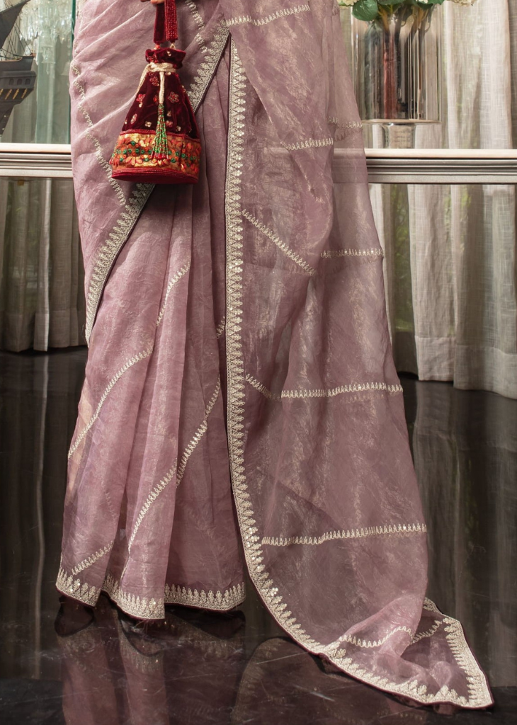 Soft Mauve Organza Saree with Silver Border & Blouse