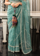 Aqua Blue Organza Saree with Embroidered Blouse & Border