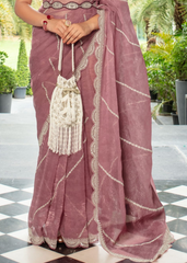 Dusty Rose Embroidered Organza Saree with Designer Belt