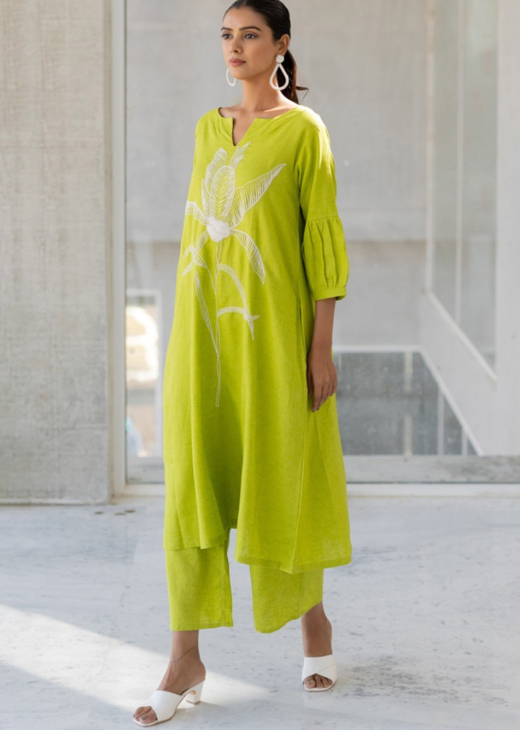 Green Cotton Flex A-Line Kurta Set with Embroidery