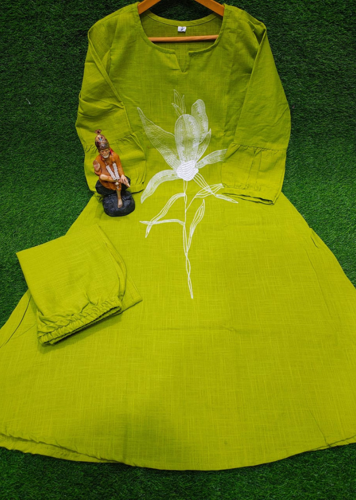 Green Cotton Flex A-Line Kurta Set with Embroidery