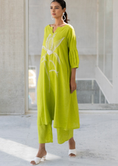 Green Cotton Flex A-Line Kurta Set with Embroidery