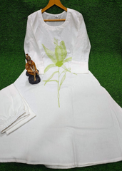 White A-Line Cotton Kurta Set with Green Embroidery