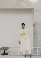 White A-Line Cotton Kurta Set with Green Embroidery