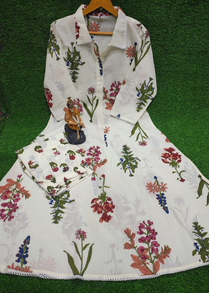 Floral Cotton A-Line Kurti Set with Lace Work