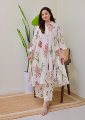 Floral Cotton A-Line Kurti Set with Lace Work