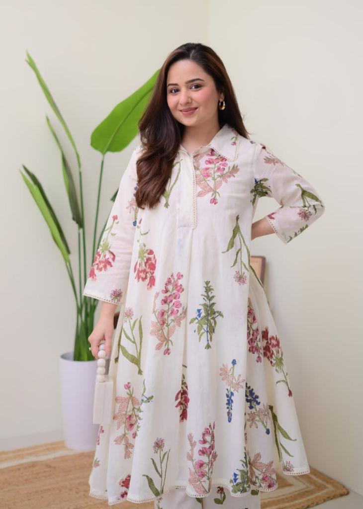 Floral Cotton A-Line Kurti Set with Lace Work
