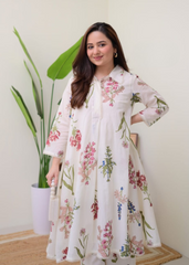 Floral Cotton A-Line Kurti Set with Lace Work