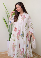 Floral Cotton A-Line Kurti Set with Lace Work